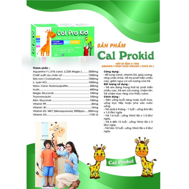 Canxi Cal Prokid Hộp 20 ống x 10ml bổ sung canxi, vitamin D3, giúp xương, răng chắc khỏe. Hỗ trợ phát triển chiều cao