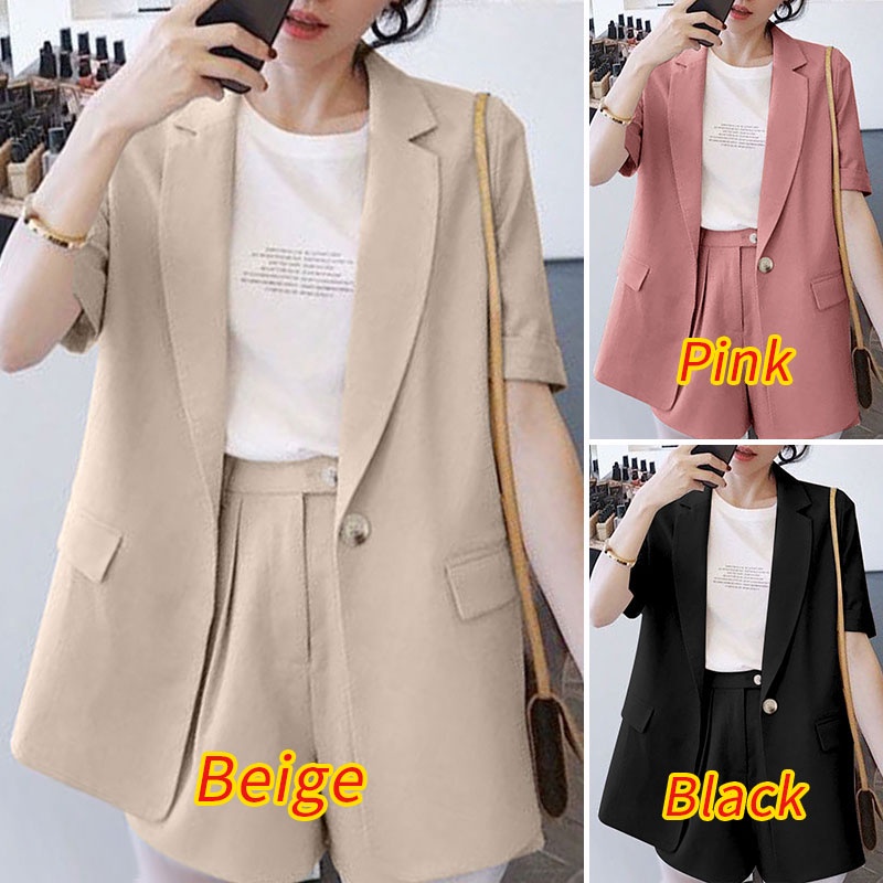 ZANZEA Set Áo Khoác Blazer Ngắn Tay Cài Nút + Quần Short Lưng Thun Thời Trang Nữ
