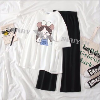 Sét Bộ Đồ Quần Áo Nữ Chào Hè Cotton Organic Ngắn Tay In 3D Cartoon Bé Yếm Xanh Mặc Ở Nhà Mix Quần Ống Rộng Thun Cát