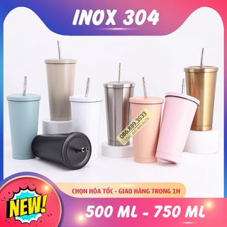 Ly giữ nhiệt 500ml - 750ml tặng kèm ống hút - Cốc giữ nhiệt INOX304 ( Màu Bạc - Vàng Hồng - Đen )