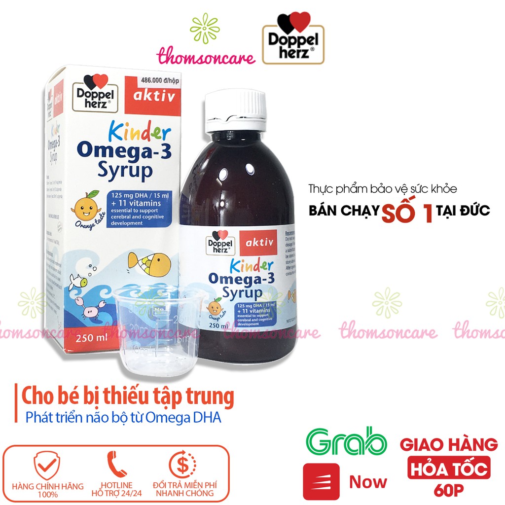 Bổ sung Omega DHA cho bé Kinder Omega 3 syrup từ dầu cá và vitamin - nhập khẩu Doppel Herz Aktiv Đức,