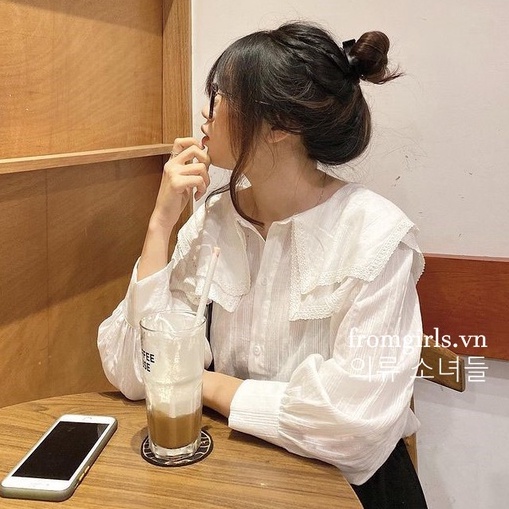 Áo sơ mi cổ ren 2 tầng, áo babydoll cổ bèo tiểu thư dài tay thoáng mát (ảnh thật) - SM24