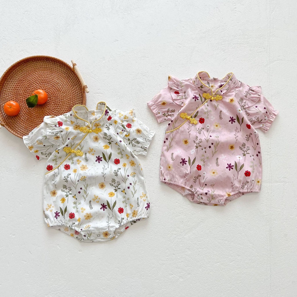 Bộ Áo Liền Quần Kiểu Sườn Xám Tay Ngắn In Hoa Xinh Xắn Phong Cách Trung Hoa Cho Bé Gái