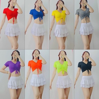 Set phối quần váy 2 tầng áo croptop rút dây tập nhảy aerobic, Zumba, đi bơi, đi biển,gym nữ