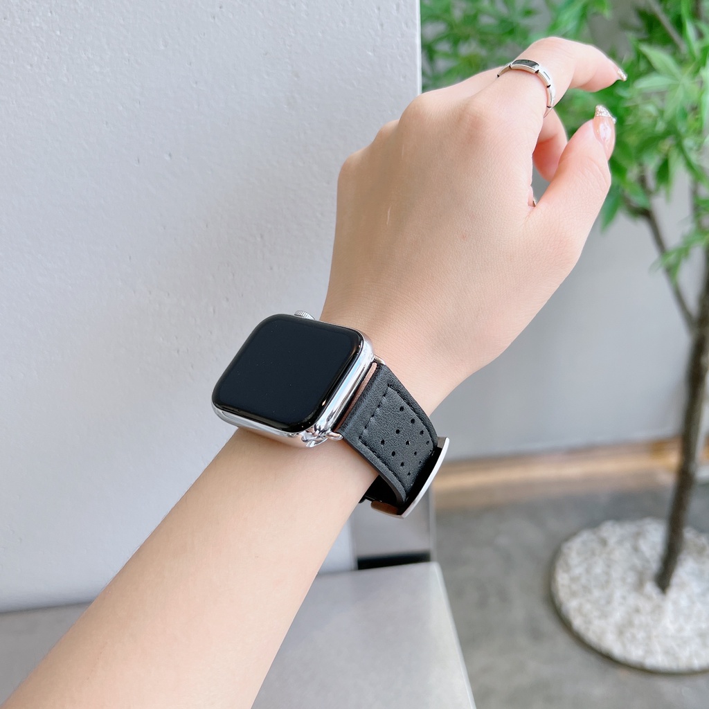Dây Đeo Bằng Da Thật Thoáng Khí Cho Đồng Hồ Thông Minh Apple Watch Series 7 SE 6 5 4 3 2 1Buckle 38 40 41 42 44 45mm