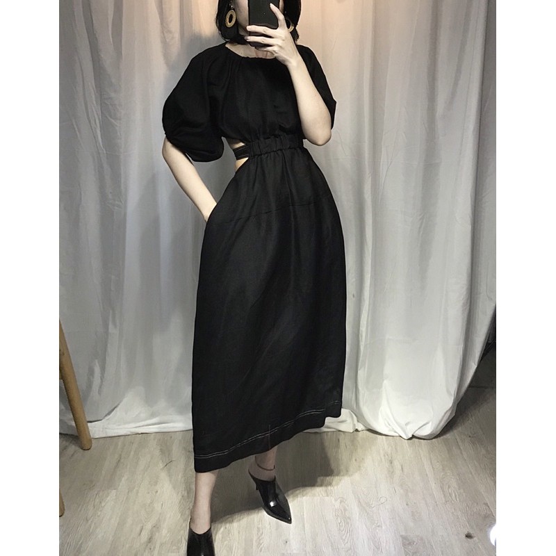 Đầm dài tay phồng khoét lưng- nút bọc Linen cao cấp
