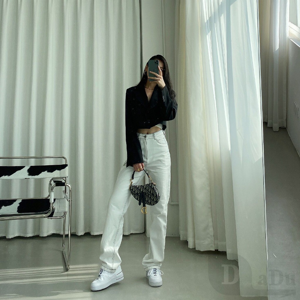 Daduhey Quần Jeans Dài Lưng Cao Ống Rộng Thời Trang Hàn Cá Tính Cho Nữ