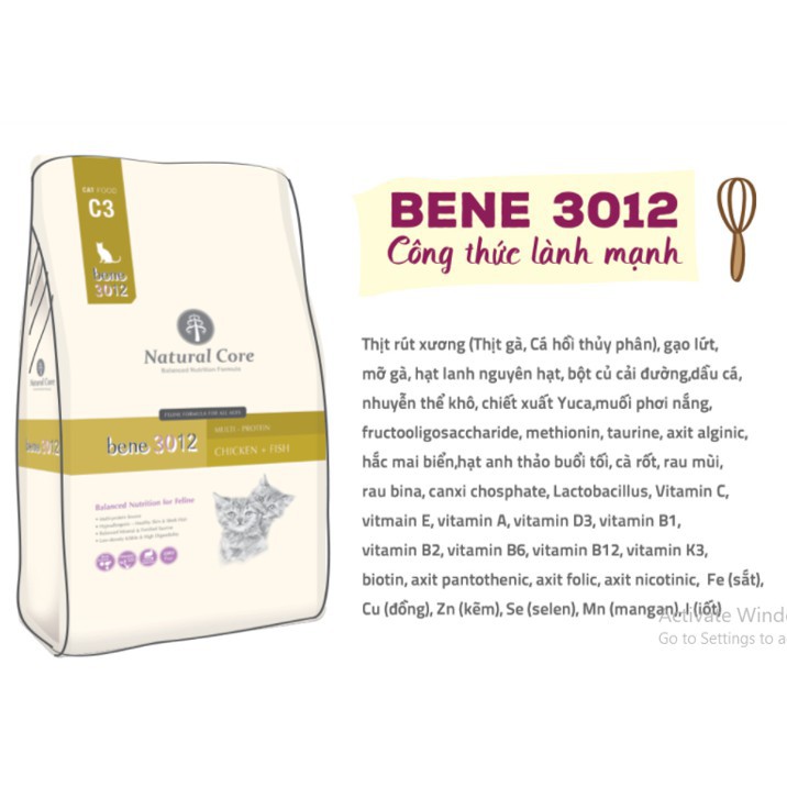 10kgTHỨC ĂN NATURAL CORE C3 BENE 3012 CHO MÈO THỊT GÀ &amp; CÁ HỒI  là thức ăn giàu dinh dưỡng cho mèo trưởng thành.jy