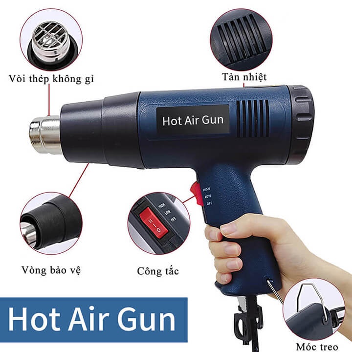 Máy khò nhiệt màng co 2000W cầm tay, máy khò hơi nóng bọc giỏ quà, dán decal, đóng seal điện thoại