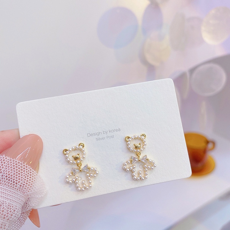 Bông Tai Hình Gấu Đính Ngọc Trai Lấp Lánh Dễ Thương Phong Cách Hàn Quốc Cho Nữ