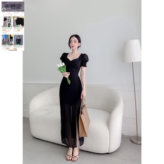 (MỚI )Đầm Midi dáng dài Tay Ngắn Phồng Xẻ Đùi Cáo Sexy 3116