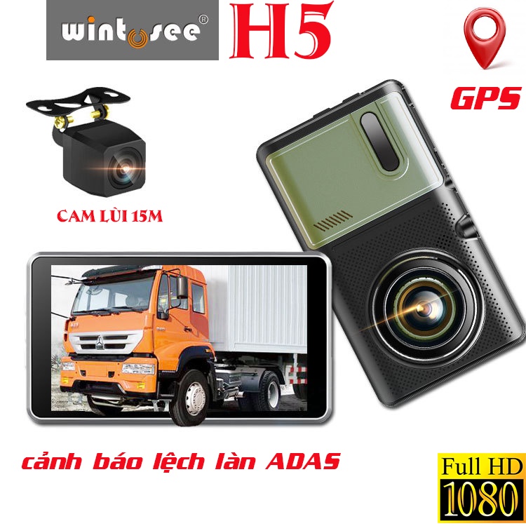 Camera hành trình xe tải H5 FHD CÓ GPS, màn 5" sắc nét, dây cam lùi 15m, góc quay rộng, quay đêm nét