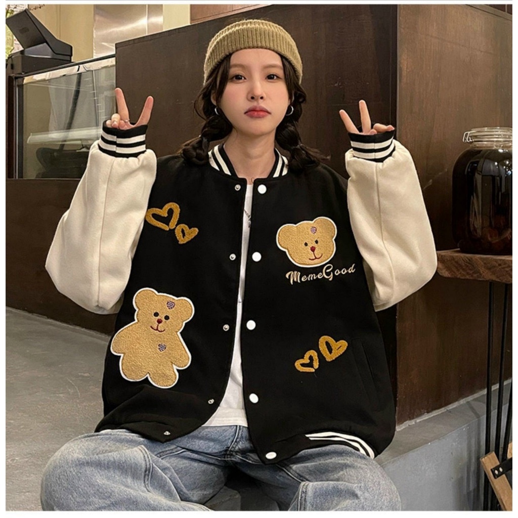 Bomber Khoác Nam Nữ Hoodie Nỉ Con Gấu Nâu Unisex Dáng Rộng Tay Bồng Mũ To