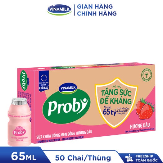 THÙNG 50 CHAI SỮA CHUA UỐNG PROBI DÂU - LỐC 5 CHAI 65ML