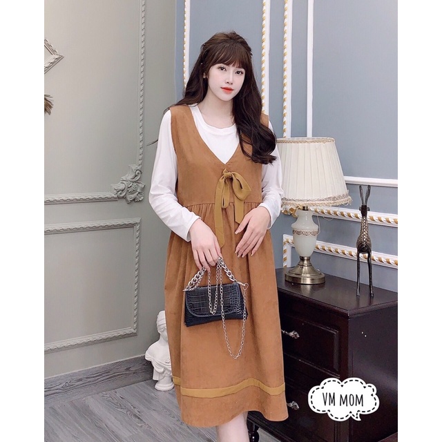 Váy Đầm Bầu - Set Yếm thiết kế thời trang ĐẸP RẺ, chất nhung tăm phù hợp THU ĐÔNG Freesize cho mẹ Bầu mặc thoải mái