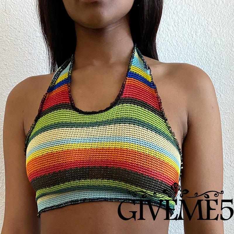 Áo Croptop Hai Dây Họa Tiết Kẻ Sọc Màu Sắc Quyến Rũ Thời Trang Mùa Hè Cho Nữ
