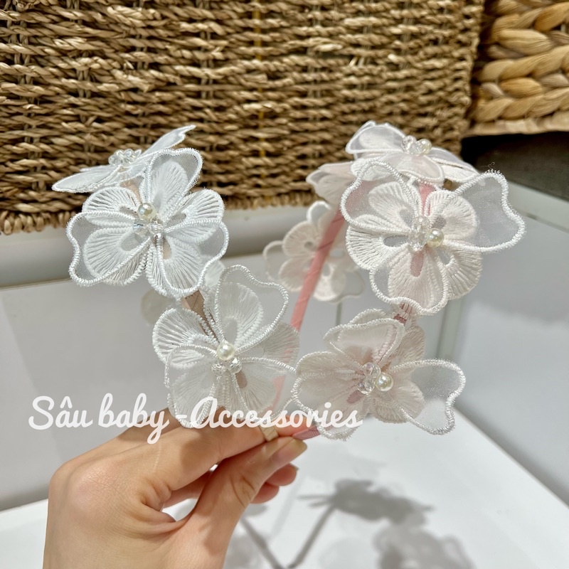 Bờm xước tóc, turban, kẹp hoa hồng trắng Hàn Quốc cao cấp cho bé