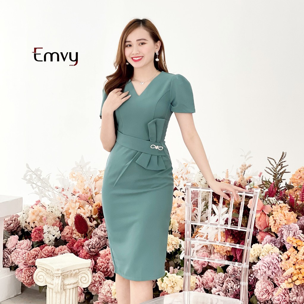 Đầm công sở đính nơ cổ V thiết kế Sang Trọng Emvy Fashion K35