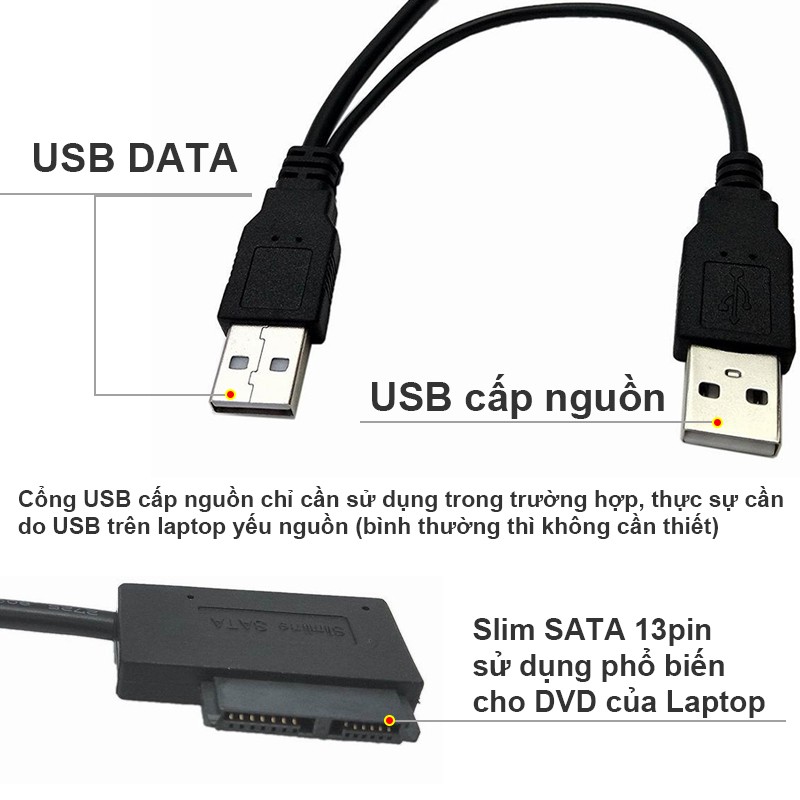 Cáp USB 2.0 sang Slim SATA 7+6 13PIN - Cáp đọc ổ CD DVD-R DVD-RW của máy Laptop tháo ra