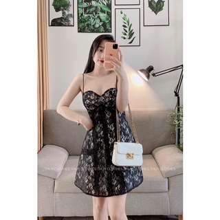 (Hình mẫu và sàn thật 100%)  ĐẦM 2 DÂY XOÈ CÚP NGỰC REN HOA🤍🖤