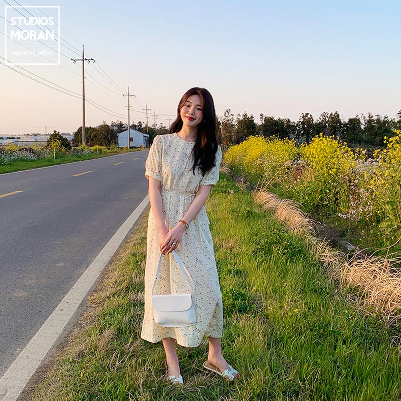 Váy MORAN hoa chấm bi tay phồng cổ tròn thắt nơ eo vintage nhẹ nhàng Hàn Quốc