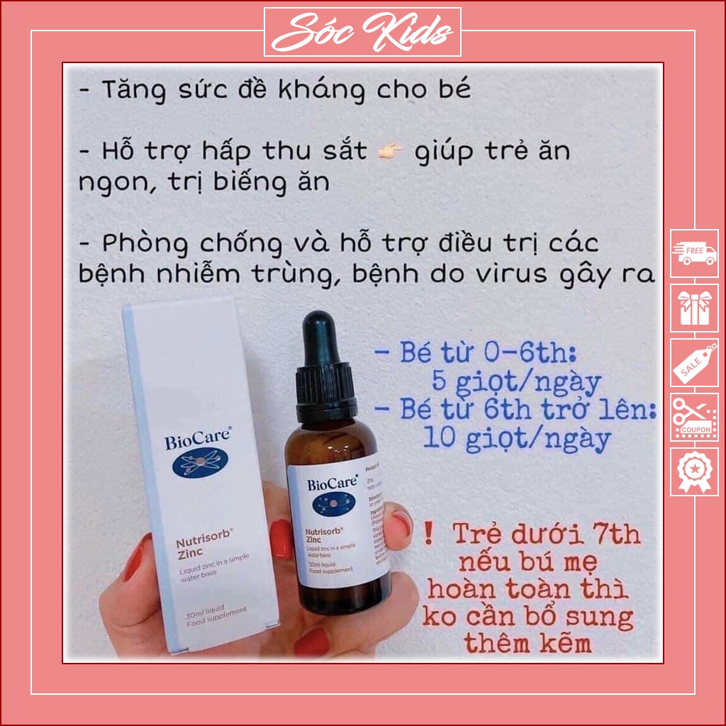 Kẽm Nước BioCare Zinc Nutrisorb Cho Bé Từ Sơ Sinh - CHUẨN ANH | DATE 2023 | MẪU MỚI | 30ml | SÓC KIDS