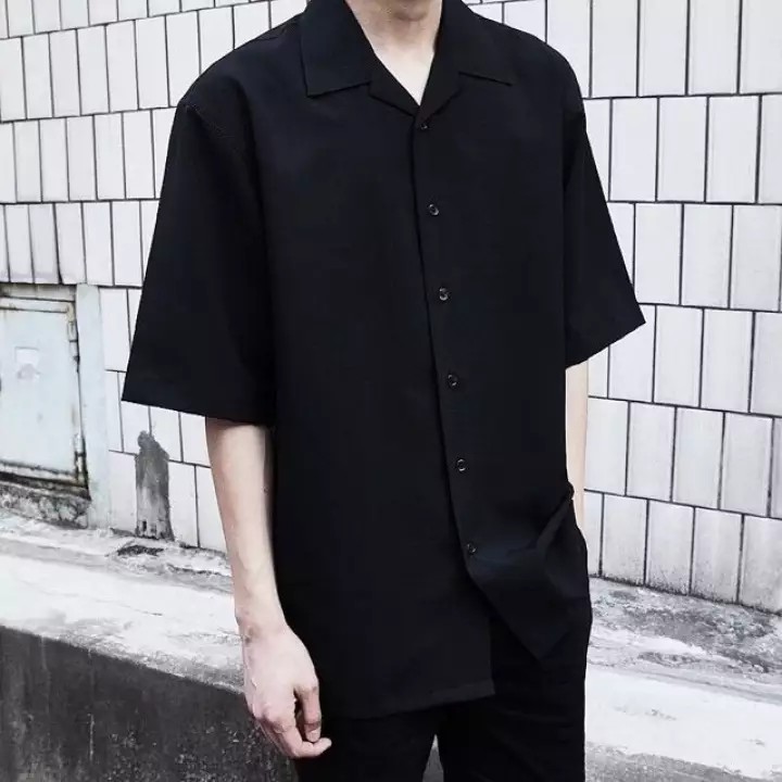 Áo Sơ Mi  ĐEN TAY NGẮN Cổ Vest Nam Nữ Unisex