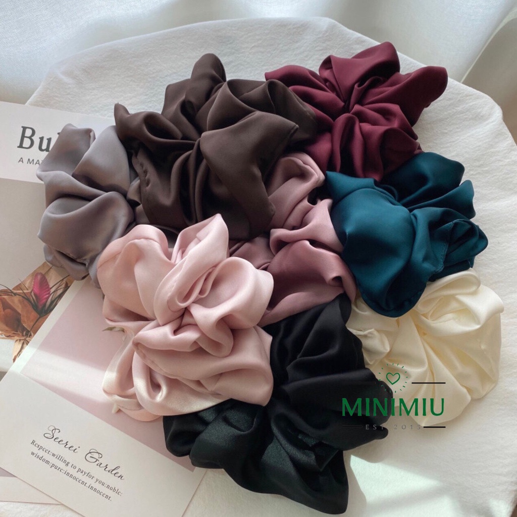 Dây buộc tóc Scrunchies handmade lụa satin bản rộng 6cm màu trắng/kem/đen/tone sáng/tối