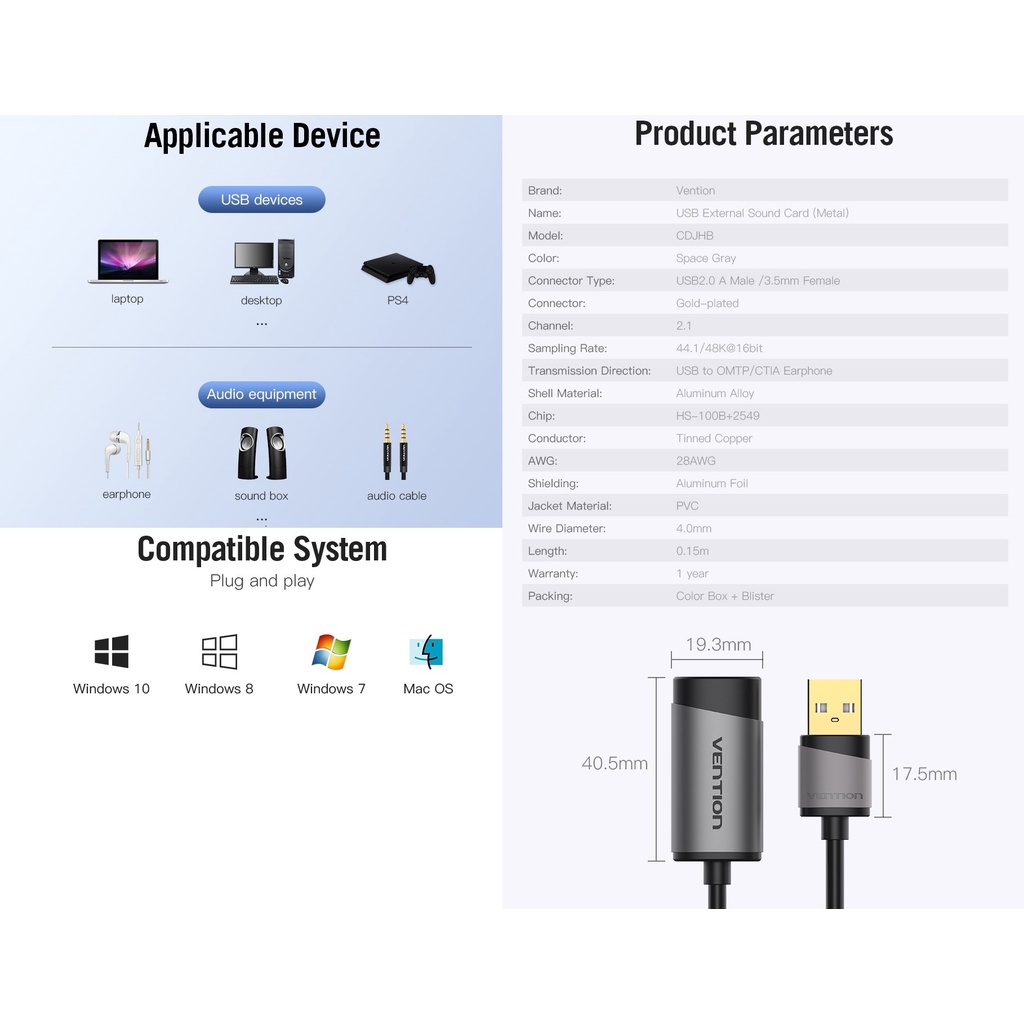 [USB to 3.5mm] Card âm thanh Vention CDJHB 15cm / CDNH0 / CDZB0 15cm