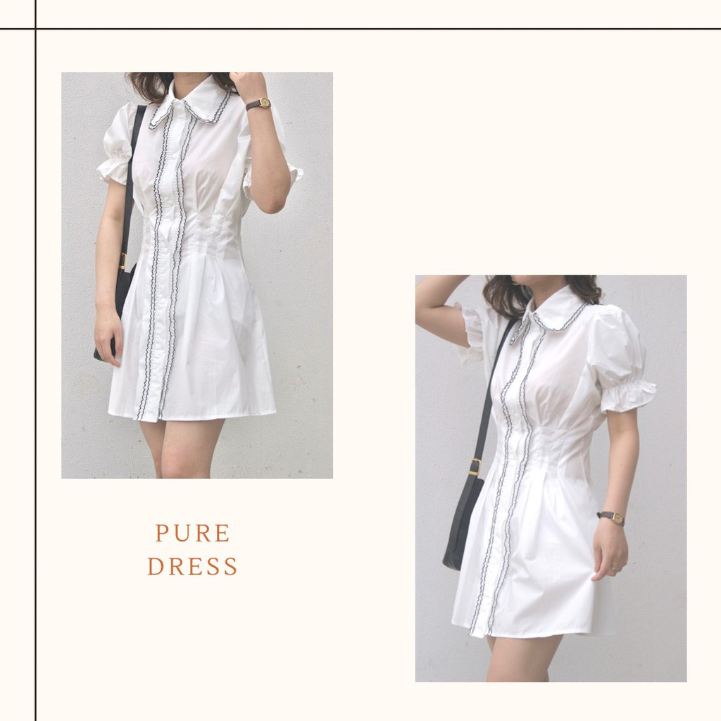 [Pure Dress] Váy trắng liền thân viền đen tay bo cổ Đức