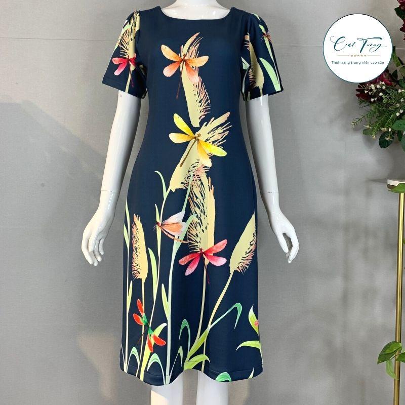 Đầm kiểu trung niên nữ cho bà cho mẹ màu xanh họa tiết vàng, co dãn thoải mái C6 - Thời trang Cát Tường