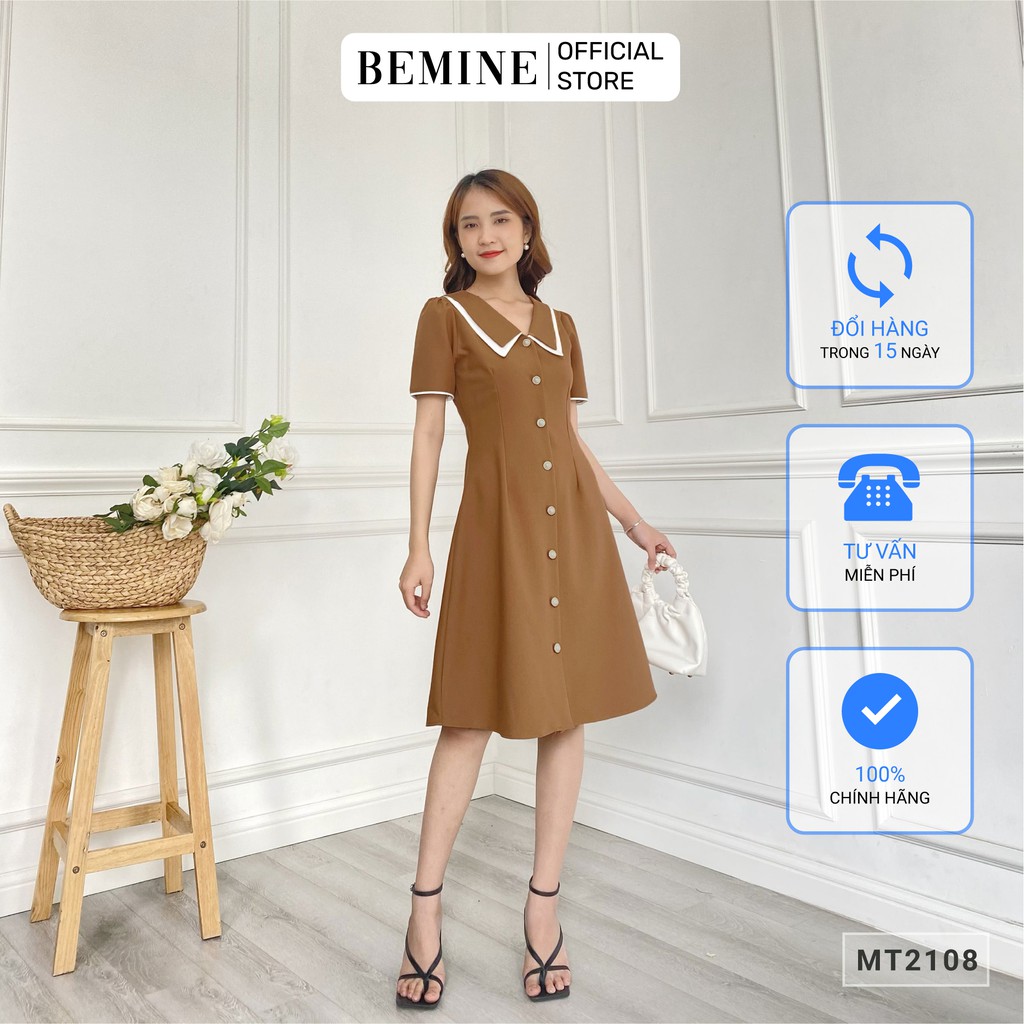 Đầm dáng suông nữ cổ phối đính nút dọc công sở BEMINE MT2108DA