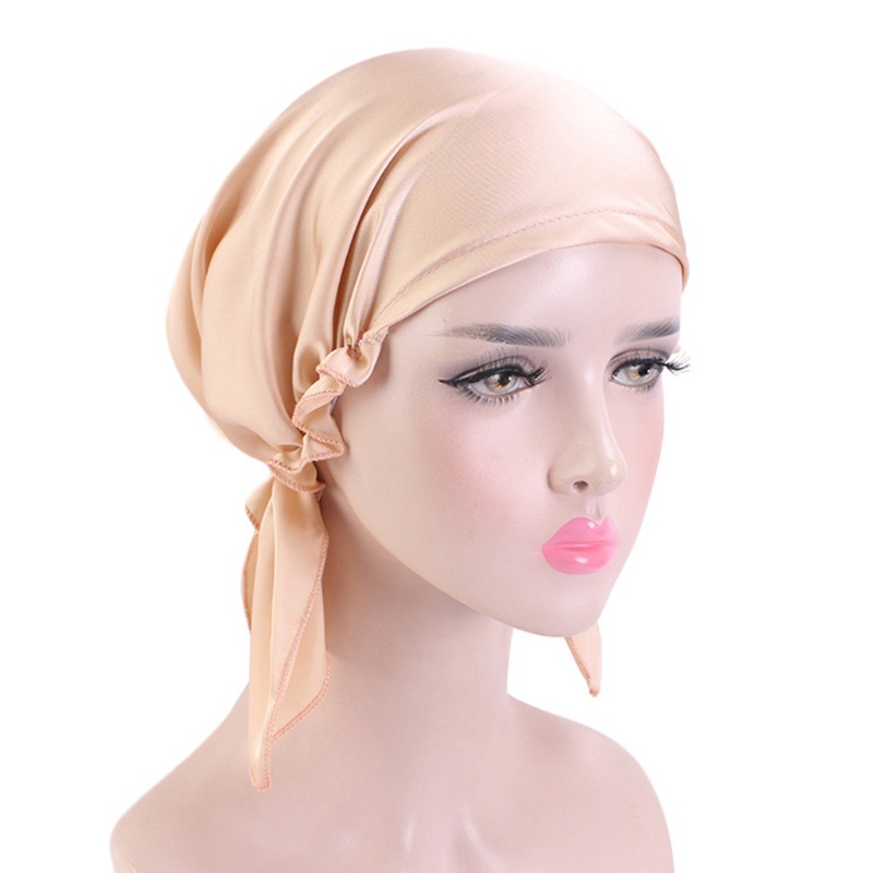Mũ Trùm Đầu Bằng Satin Co Giãn Màu Trơn Kèm Dây Ruy Băng Chống Rụng Tóc Khi Ngủ Cho Phụ Nữ Hồi Giáo