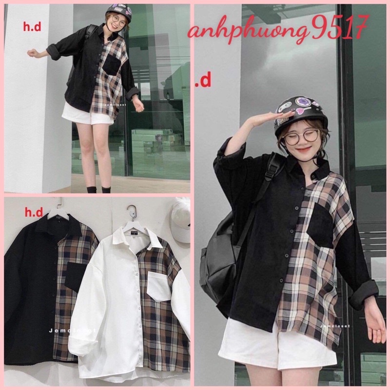 Áo Sơ Mi Phối Caro Kẻ Nâu NữThun dài tay form rộng phong cách đường phố vintage cá tính UlzzangThời trang công sở