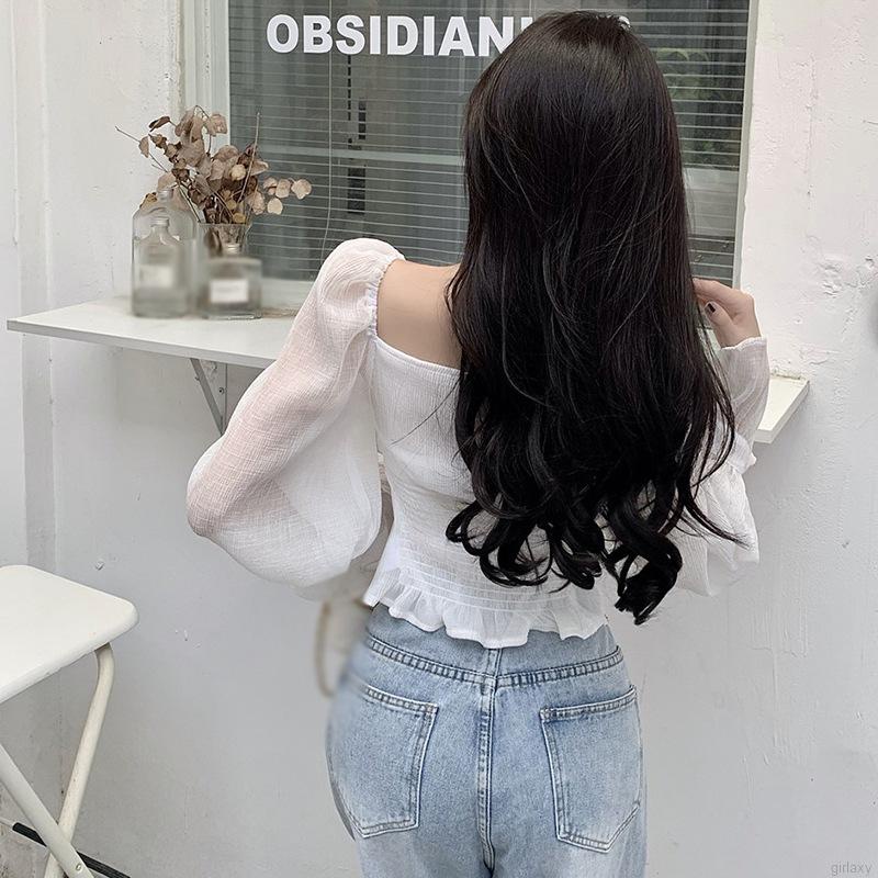 Áo crop top tay loe dài màu trơn có khóa kéo phong cách Hàn Quốc cho nữ