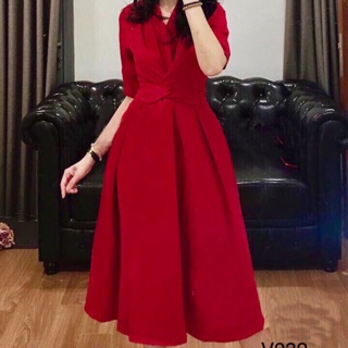Váy xoè thắt eo 2 màu đỏ - be ( có ảnh thật )