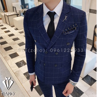 Vest nam cao cấp 6 cúc màu XANH kẻ ô cực sang trọng, Suit Nam Cao Cấp