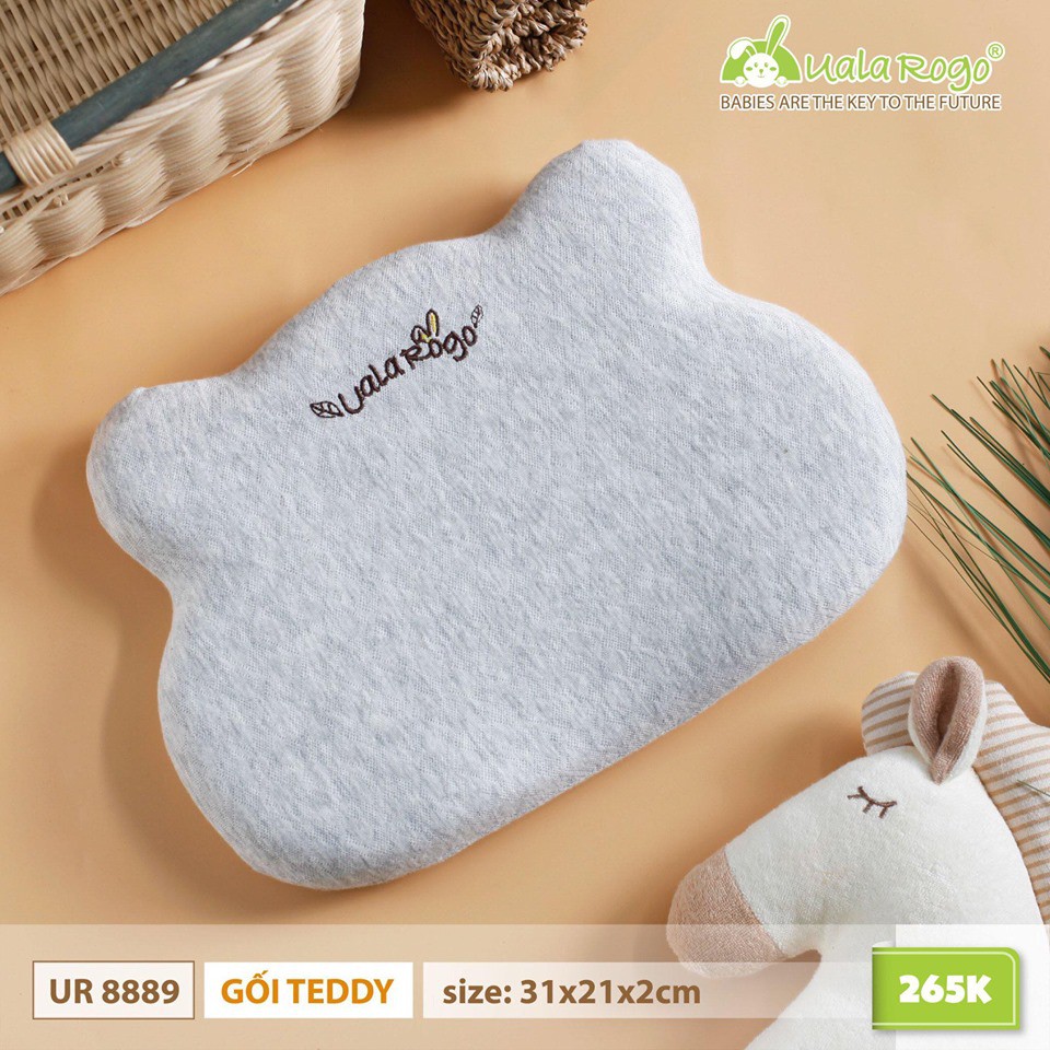 [CHÍNH HÃNG] Gối chống bẹp đầu trẻ em MMF Teddy Pillow kích thước 31x21x2cm Uala Rogo - 3 màu ghi, hồng, xanh.