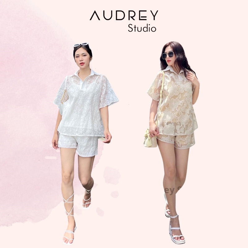 Set áo sơmi tay ngắn cổ trụ kèm quần short ngắn màu trắng/be tặng áo dây - Audrey Studio
