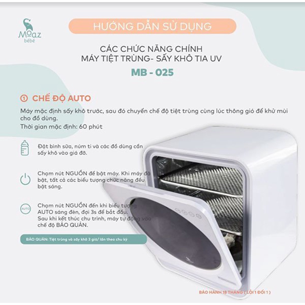 Máy tiệt trùng sấy khô bình sữa cho bé tia UV-C Moaz Bebe MB025 18 lít