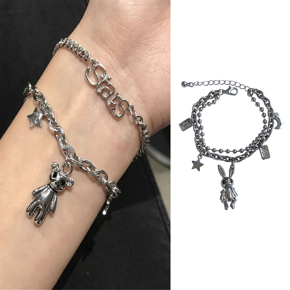 Vòng tay hai lớp mặt hình phi hành gia / thỏ / gấu và chữ phong cách retro Hàn Quốc cho cặp đôi