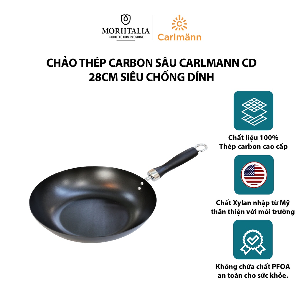 Chảo thép carbon sâu Carlmann CD 28cm, thương hiệu Đức cao cấp, siêu chống dính và dùng được bếp từ Moriitalia CM008198