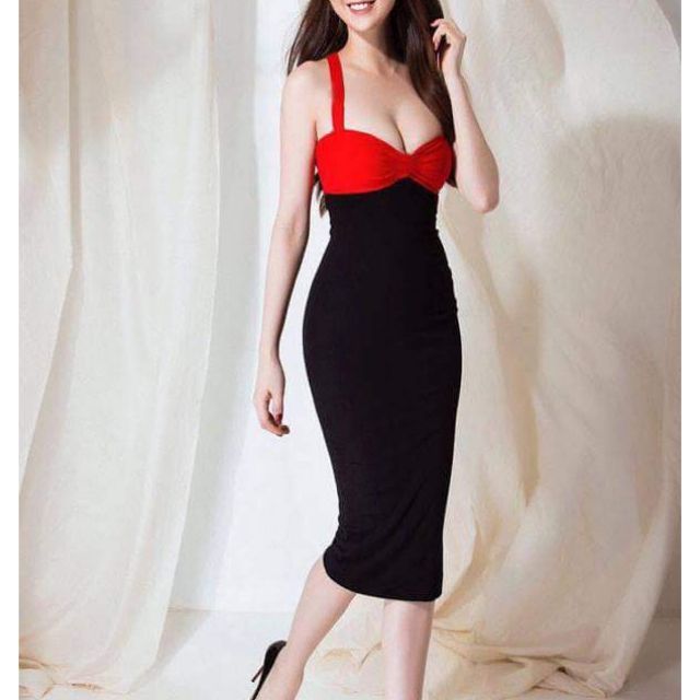 Đầm body phối màu nhún ngực