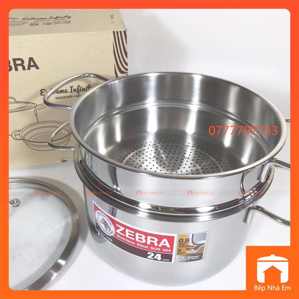 Bộ Nồi Xửng Hấp ZEBRA 3 Đáy Nắp Kính Extreme Infinity 24cm 6.2L (Inox 304) - 163640. Nhập Khẩu Thái Lan