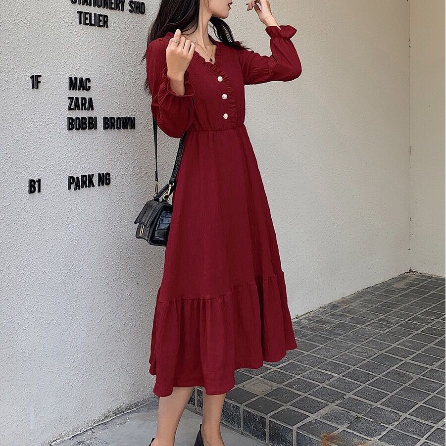 Phong cách mới của Hepburn váy trắng kiểu Pháp váy dài tay thắt lưng váy cổ tích dài giữa | BigBuy360 - bigbuy360.vn