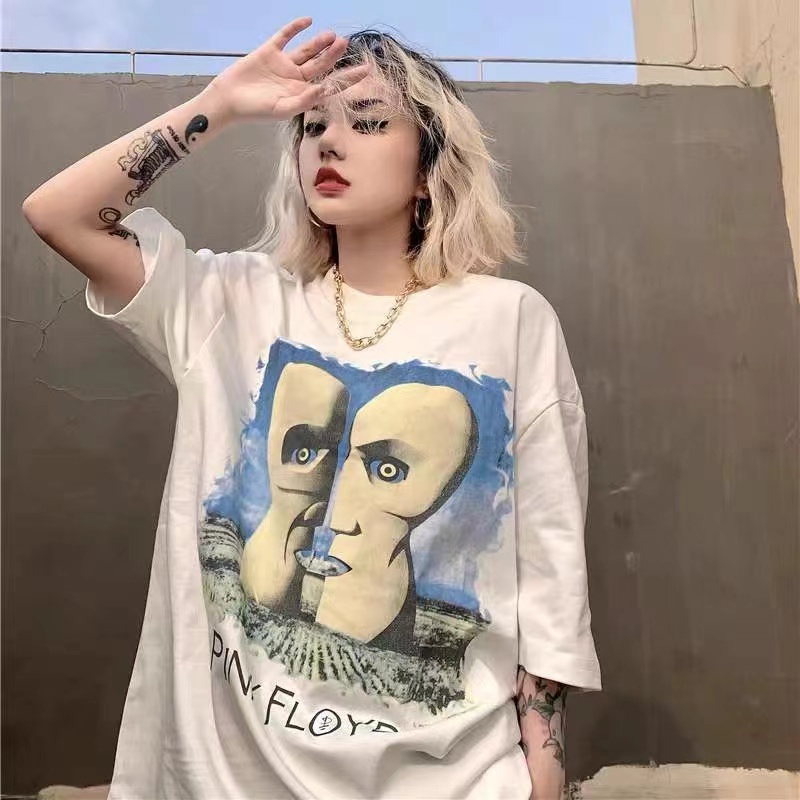 PINK FLOYD rock white ghost vintage washed old retro short-sleeved high street loose T-shirt Kanye with the same style