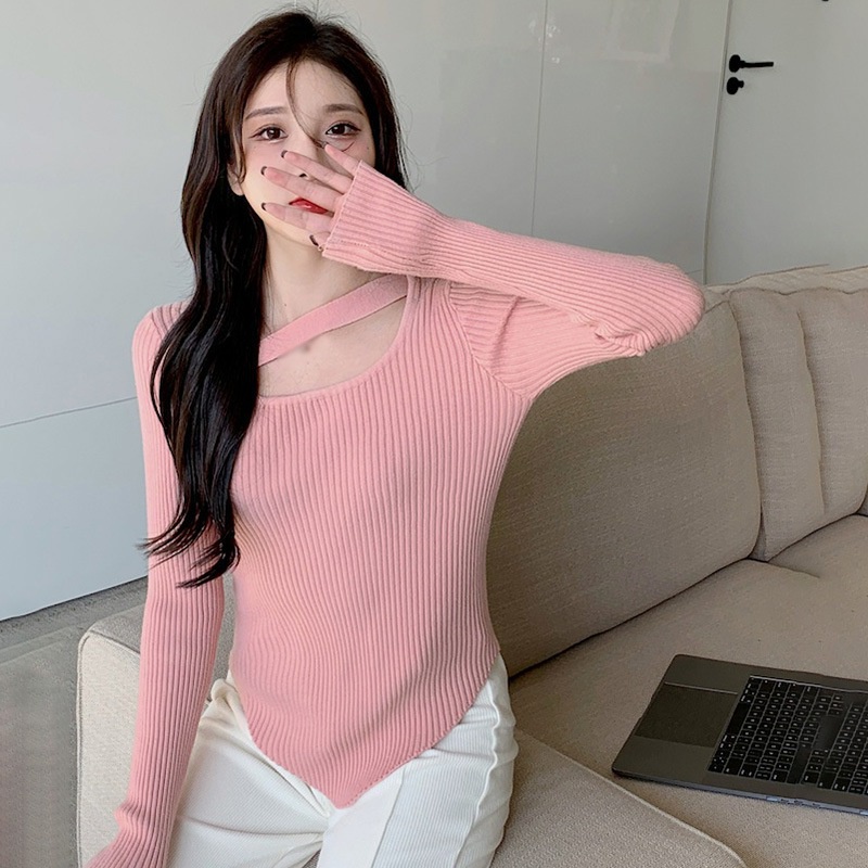 Áo Sweater Dệt Kim Tay Dài Dáng Ôm Màu Sắc Trơn Gợi Cảm Cho Nữ