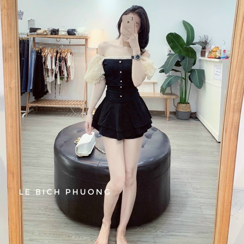 Áo kiểu cổ vuông tay ren chất thun zip vai bồng cúc giữa AK6507 - NhiNhi Shop