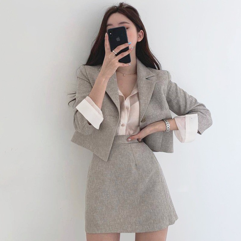 (Sẵn đen L) Set Áo Váy Áo Khoác Blazer Croptop Và Chân Váy Chữ A Công Sở (kèm ảnh thật)