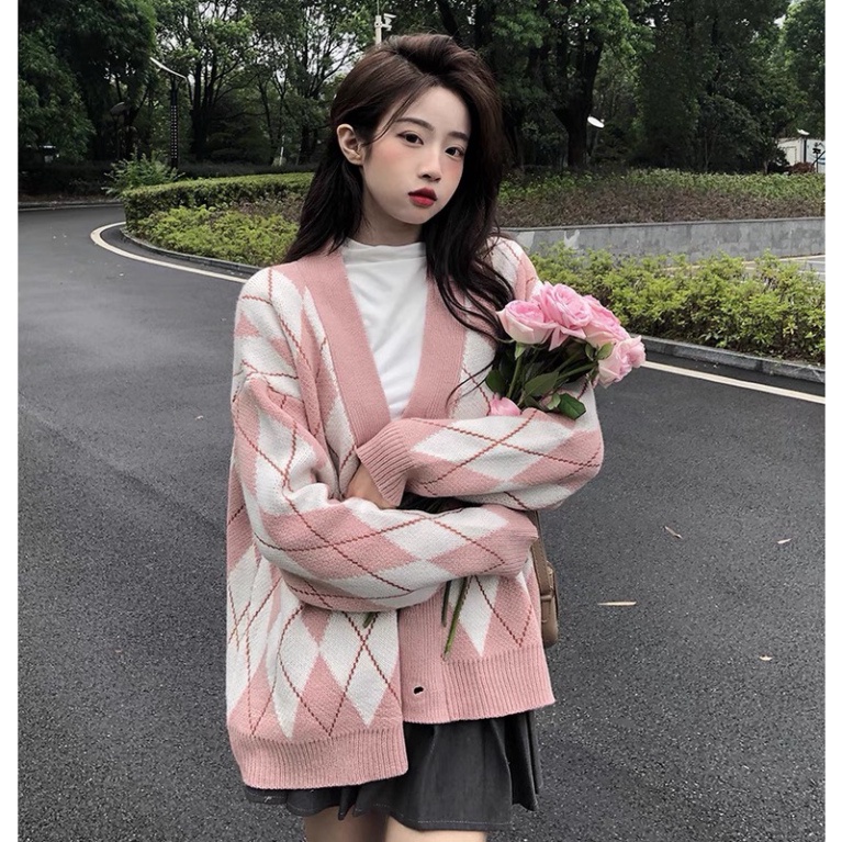 Áo khoác cardigan hoạ tiết kim cương dáng rộng G52